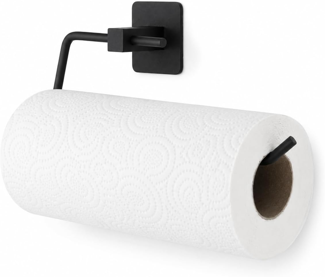Siyah Kare Kağıt Havluluk, Yapışkanlı ve Vidalı Montajlı Duvara Monte Rulo Havlu Askısı, Mat Siyah Mutfak ve Banyo Aksesuarı
