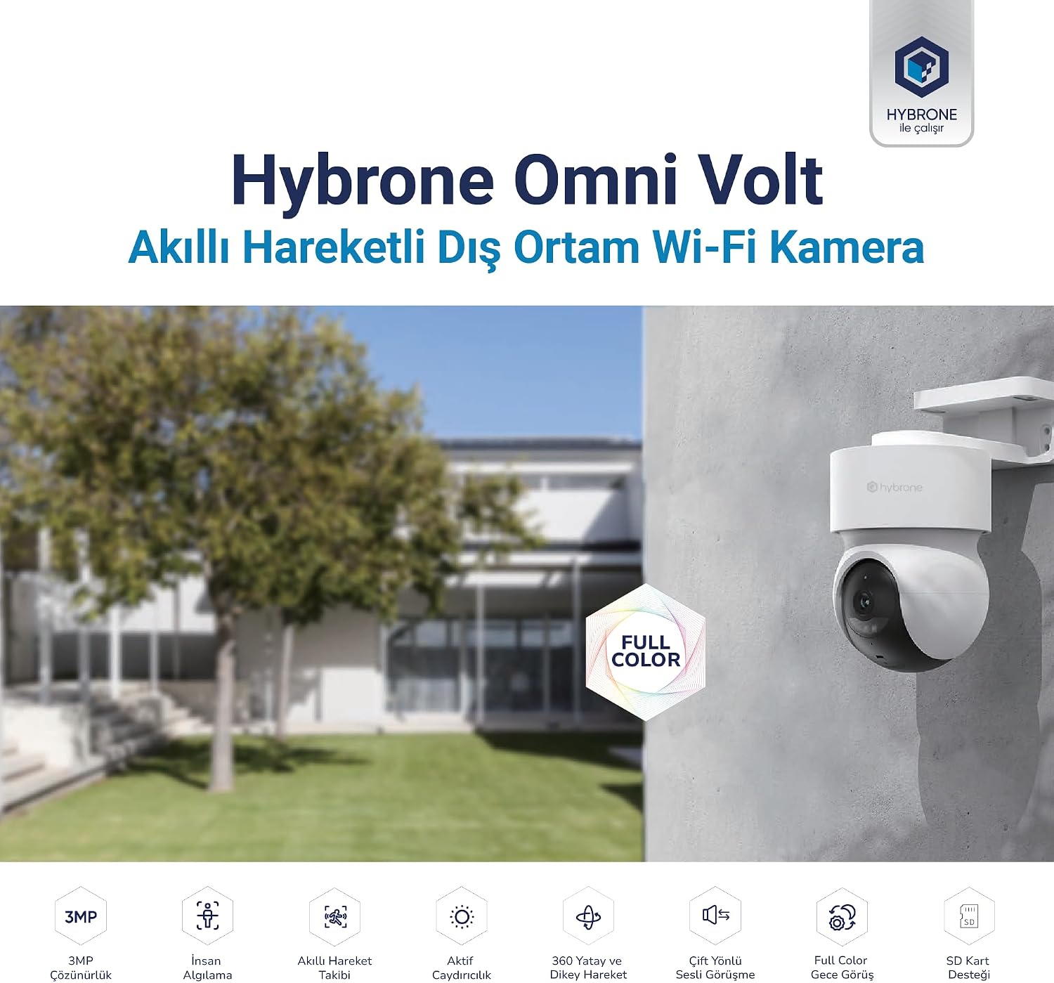 Omni Volt Dış Ortam Wi-Fi Akıllı Kamera, Renkli Gece Görüşü, 360 Derece Görüntüleme, İnsan Algılama, Çift Yönlü Sesli Görüşme, Siren