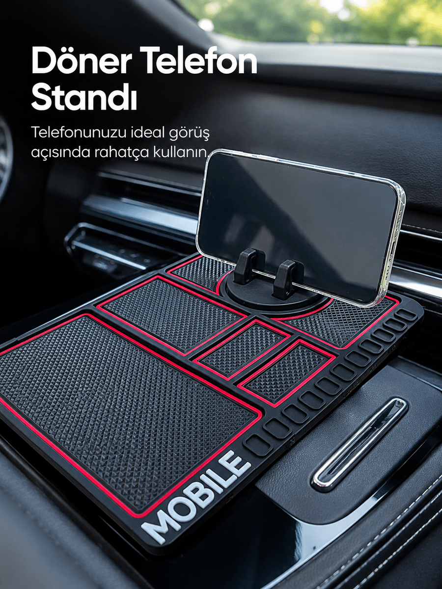 Araç Konsol Organizeri Kaydırmaz Silikon Telefon Standlı Saklama Matı