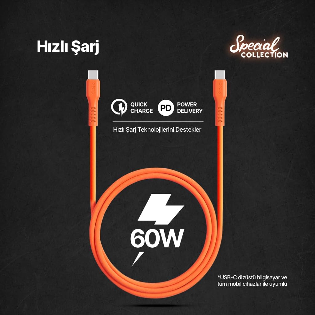 USB-C - USB-C 120cm 60W PD/QC Hızlı Şarj/Data Kablosu Neon 2DK59N (Neon Turuncu)