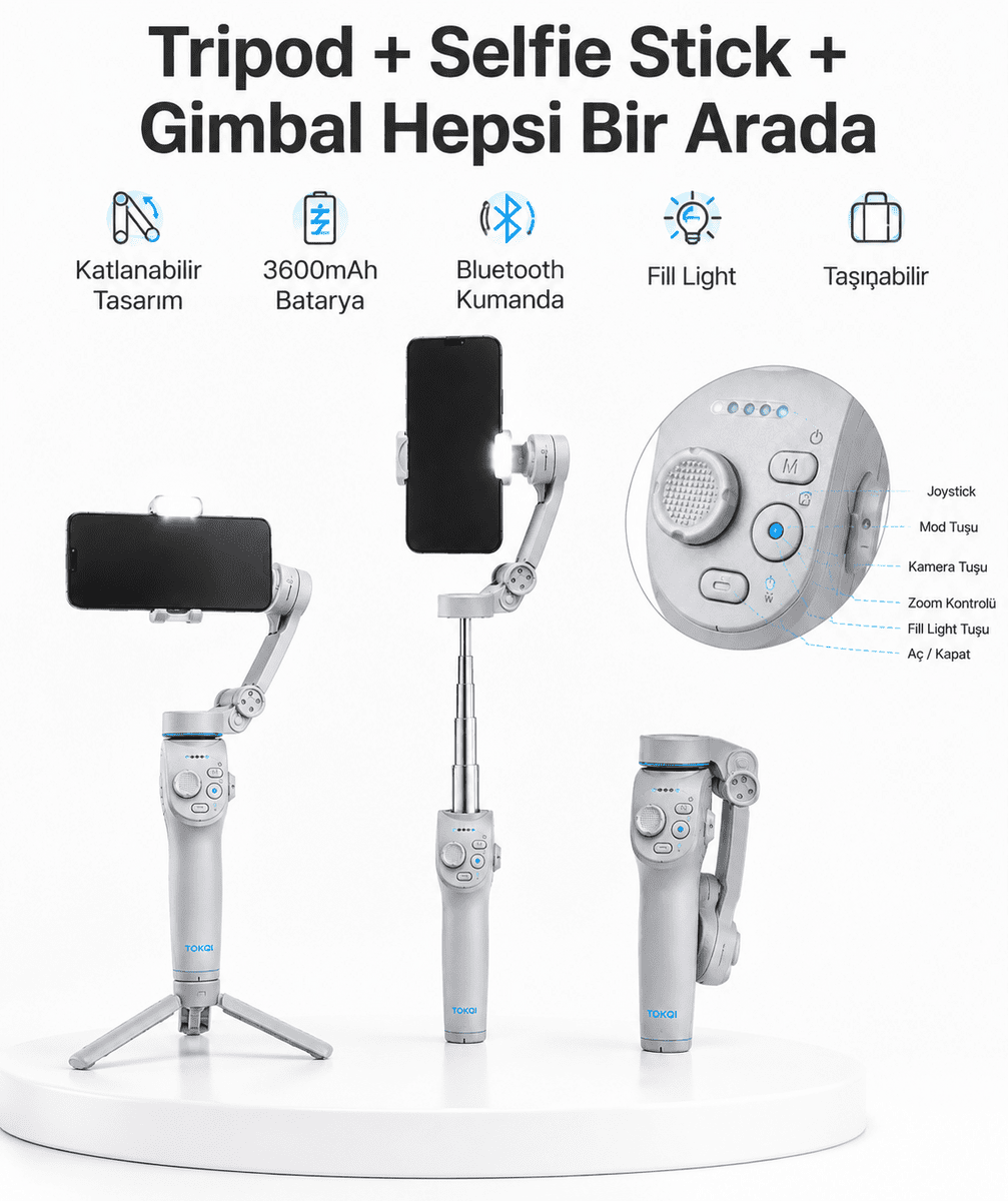 3 Eksen Telefon Gimbal Stabilizer Yapay Zeka Takipli Katlanabilir Dahili Dolgu Işıklı Video Sabitleyici