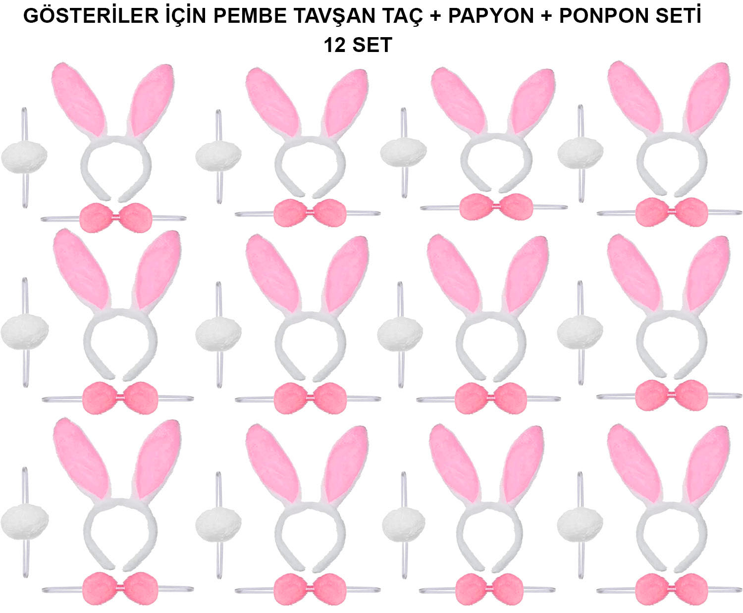 Pembe Tavşan Kostüm Seti – Taç, Papyon, Ponpon (12’li Paket)