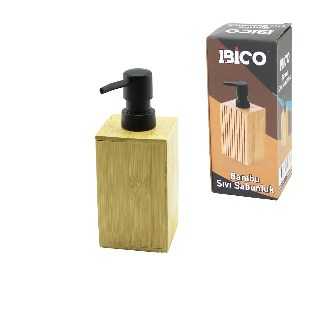 Kare Ahşap Bambu Sıvı Sabunluk Siyah Plastik Pompa Çap: 7CM - Y: 11.5CM