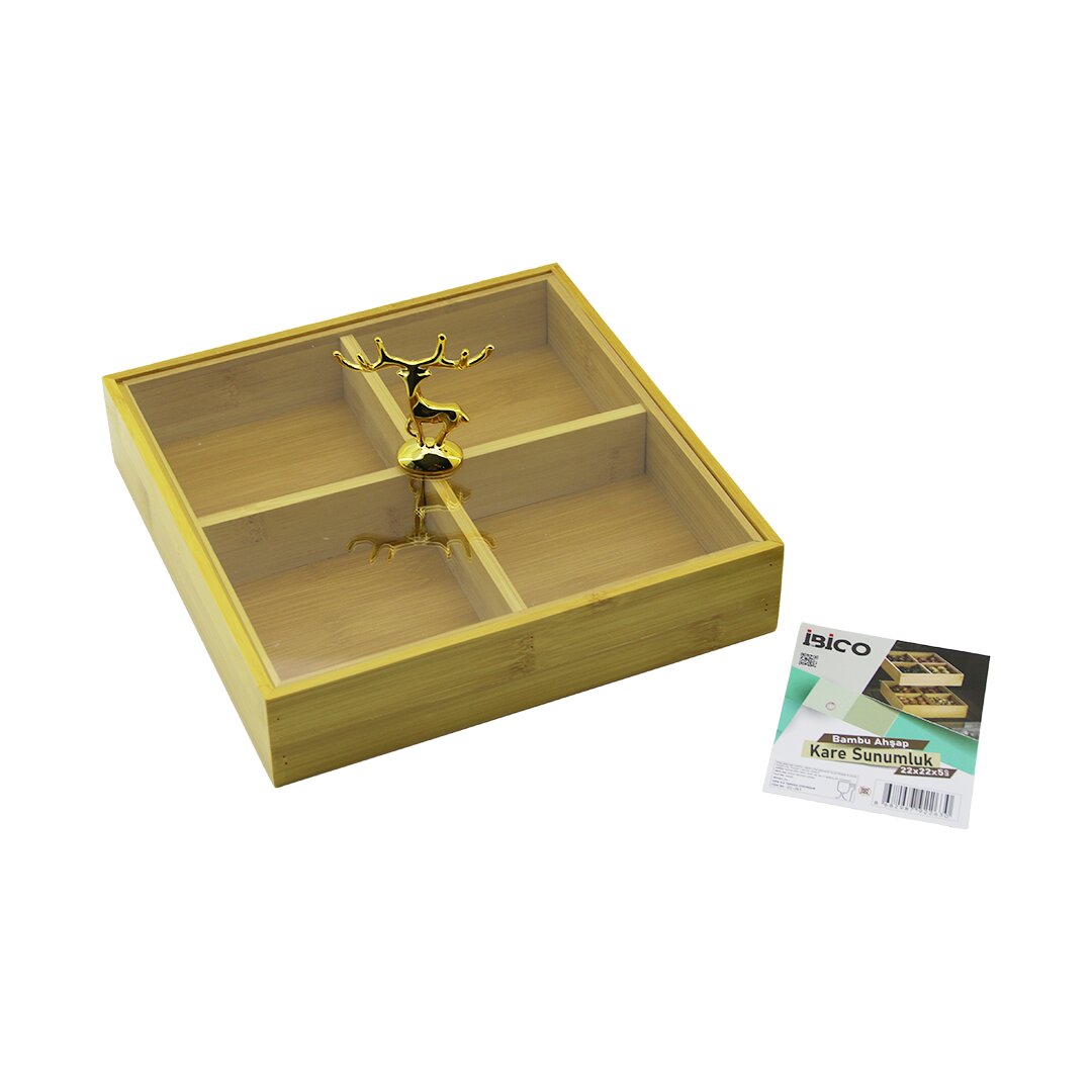 Kare 4 BÖLMELİ=2IN1=BÖLMESİZ Çok Amaçlı Kutu Ahşap Bambu Servis Sunum Tepsi - Tahtası 22X22X5CM