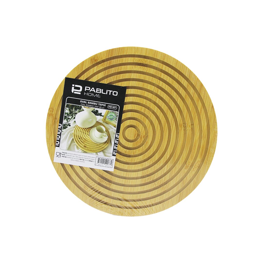 Yuvarlak Çift Taraflı=düz - Dalgalı Oyuk Kanallı Ahşap Bambu Sunum Tepsi 28CM
