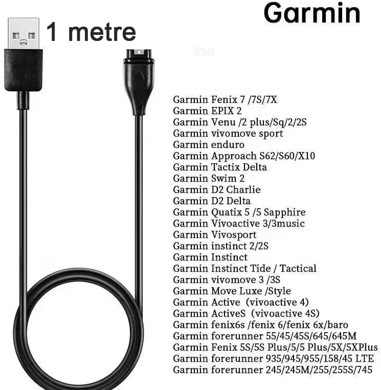 Garmin ile Uyumlu USB Şarj Kablosu – Active S, Epix, Fenix, Forerunner, Venu, Vivoactive, Enduro, Instinct, Approach, Swim, Move Luxe Modelleri ile Uyumlu – Hızlı Şarj ve Veri Transferi