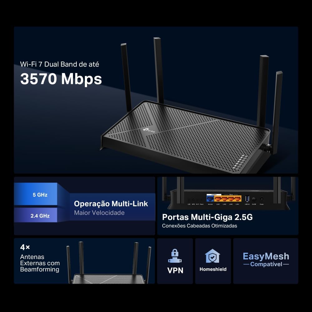 Archer BE230, BE3600 Mbps, Fiber Destekli, 2× 2.5 Gbps WAN/LAN Port + 3× Gbps Port, VPN Destekli, HomeSheild, Easy Mesh Uyumlu, Dual-Band Wi-Fi 7 Router