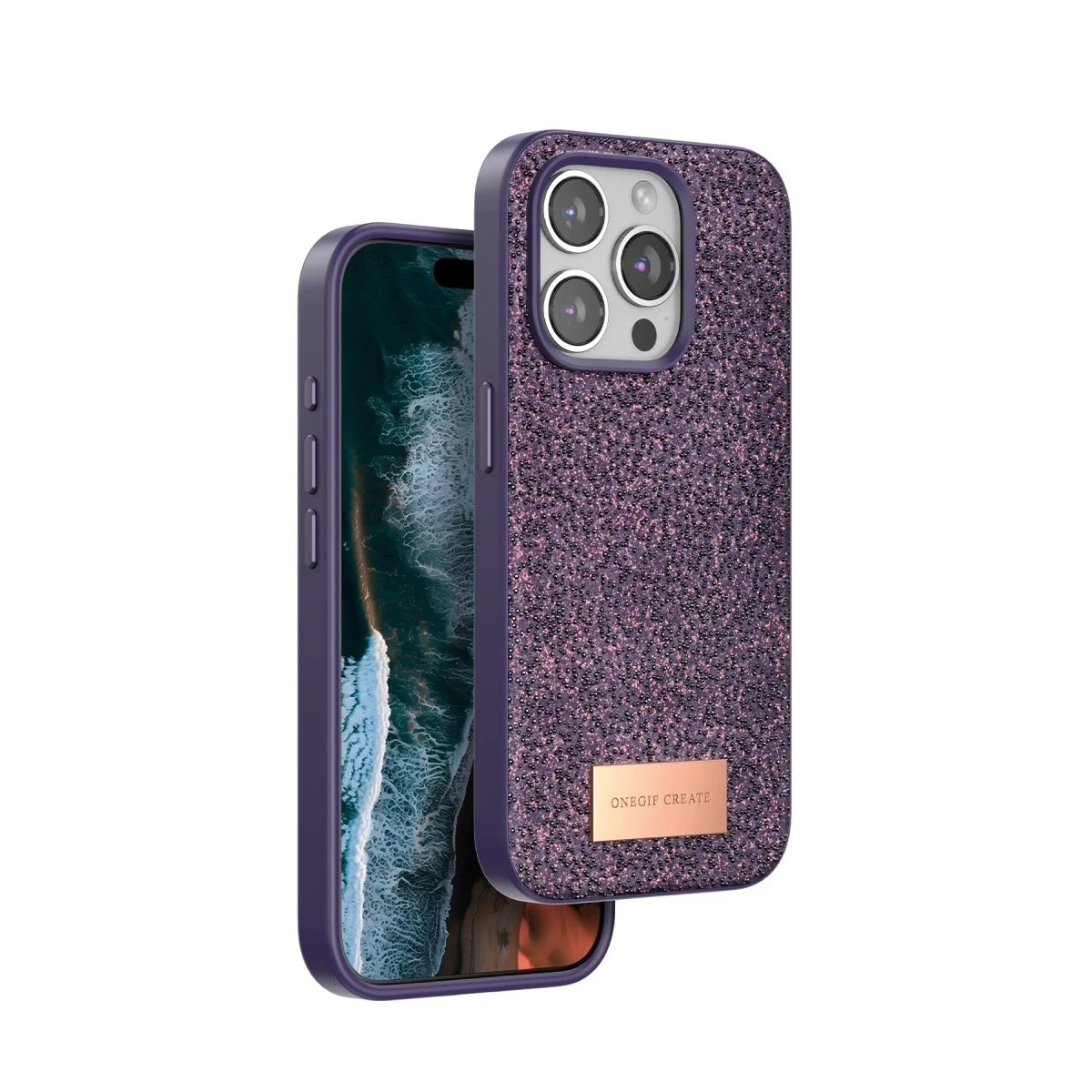 Onegif Apple iPhone 15 Pro Bright Simli Kapak - Derin Mor