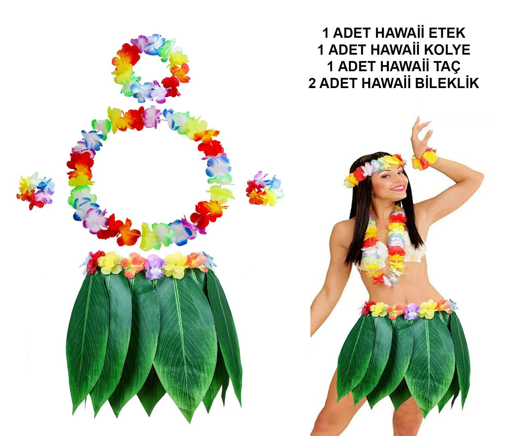 Yetişkin Hawaii Kostüm Seti - Yaprak Etek &amp; Hawaii Set - 5 Parça