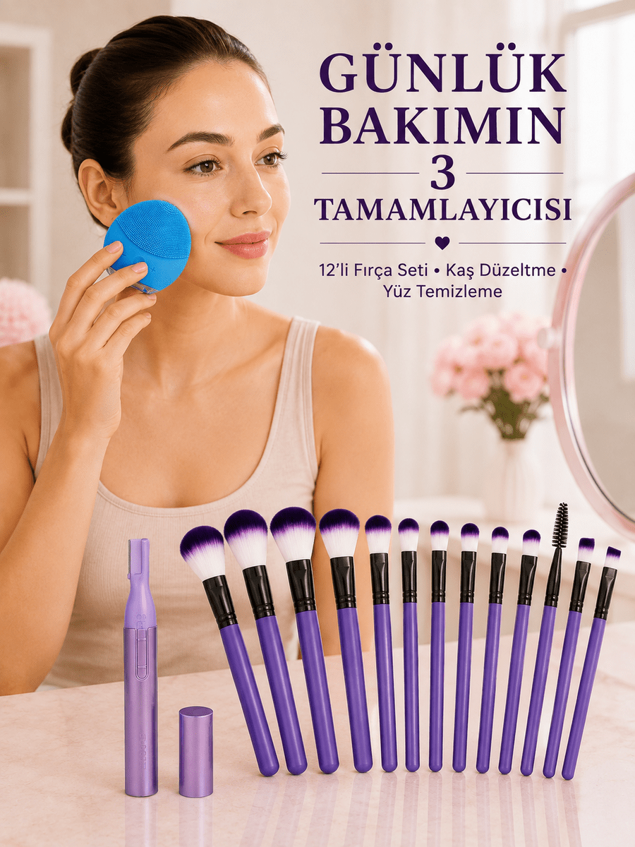 12’li Makyaj Fırça Seti Kaş Düzeltme Cihazı ve Yüz Temizleme Cihazı 3’lü Kadın Güzellik ve Bakım Seti