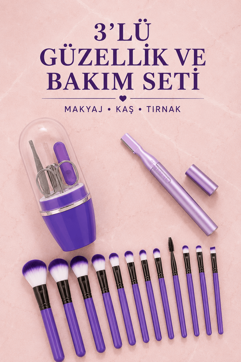 12’li Makyaj Fırça Seti Kaş Düzeltme Cihazı ve Tırnak Bakım Seti 3’lü Kadın Güzellik ve Kişisel Bakım Seti