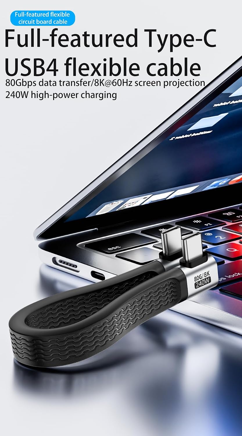 USB4 13 Cm Type-C Kablo 80Gbps, 240W PD 3.1 Hızlı Şarj, 8K@60Hz Görüntü Aktarımı, Kısa Esnek USB-C Kablo, Thunderbolt 4 ile Uyumlu OTGH