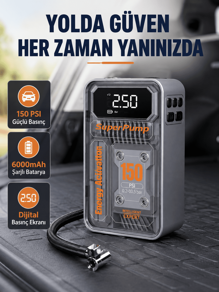 Şarjlı Kablosuz Hava Pompası – 150 PSI Basınç, LED Ekran ve 6000mAh Batarya