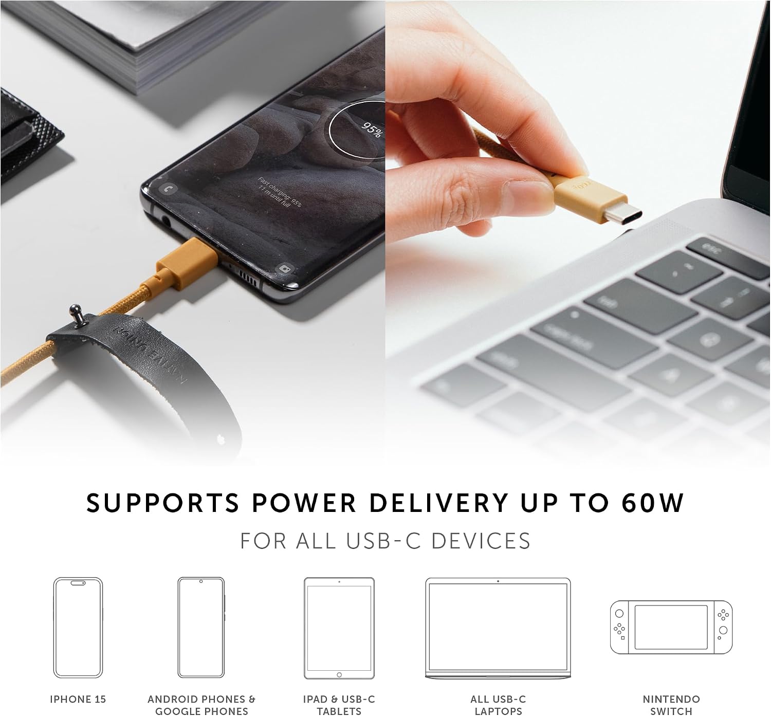 Type-C Kemer Kablosu - USB-C 1,2 m Ultra Güçlü Şarj Kablosu iPhone 16, 16 Plus, 16 Pro, iPad Pro, iPad Air, Samsung S23, Flip 5, Fold 5 (Zebra) ile Uyumlu