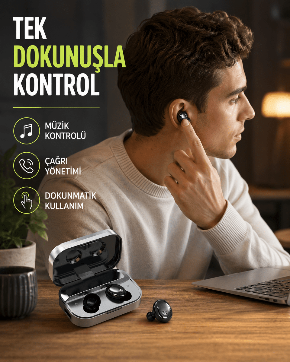 Kablosuz Kulak İçi Bluetooth Kulaklık – Dokunmatik Kontrol ve LED Şarj Ekranı