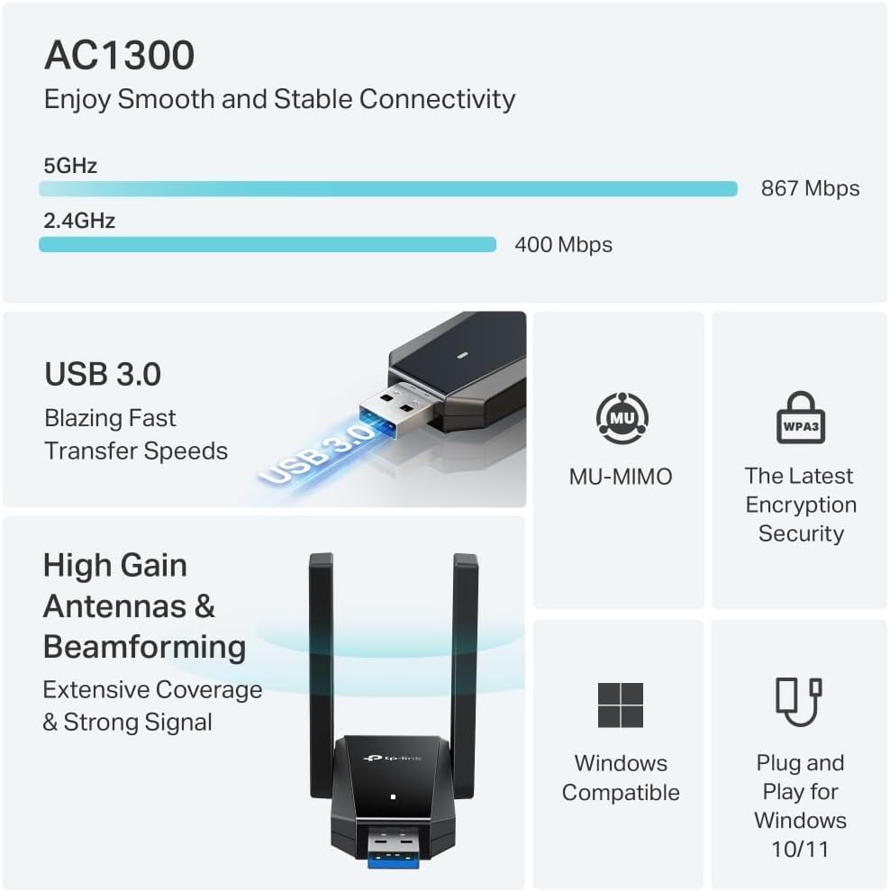 Archer T5U Plus AC1300 WiFi USB Adaptör, Dual Band 1300 Mbps (867 Mbps 5GHz + 400 Mbps 2.4GHz), USB 3.0, Çift Yüksek Kazançlı Anten, WPA3, Windows Uyumlu Kablosuz Adaptör