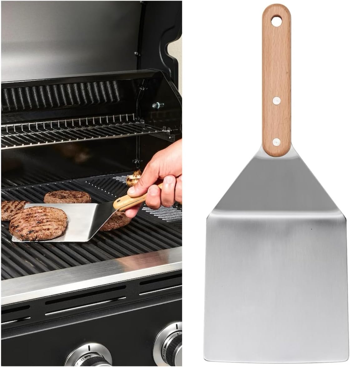 30 cm Paslanmaz Çelik Izgara Hamburger Spatulası, Ahşap Sap, Barbekü Mangal Spatulası