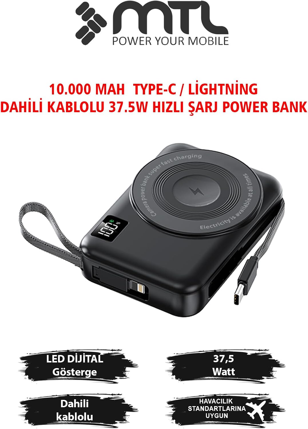 Magsafe 3in1 37,5 Watt Hızlı Şarj Powerbank Watch ve airpods şarj Destekli MT4580 Siyah ile uyumlu