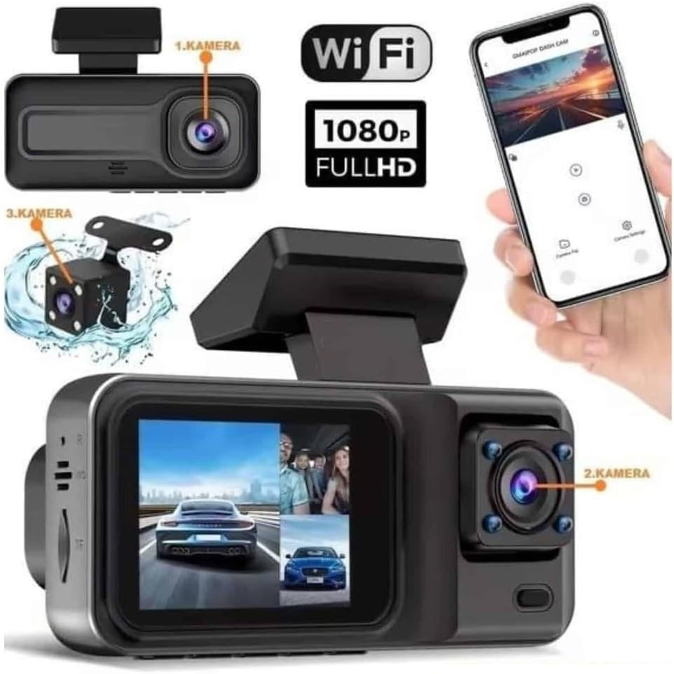 H98 Full Hd 1080P Wi-fi Full Hd 3 Kameralı Araç Içi Kamera Araba Güvenlik Kamerası Gece Görüşü Ön Geri iç Kayıt IR LED