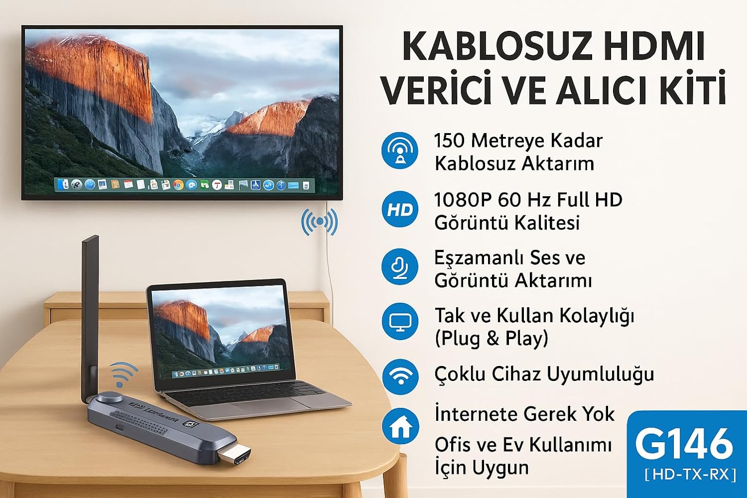 Kablosuz HDMI Verici ve Alıcı Kiti - Uydudan Projeksiyona | 150 Metre Menzil | 1080P 60Hz Notebook'dan TV'ye Görüntü Aktarımı | HD-TX-RX | Tak-Çalıştır | Çoklu Cihaz Desteği - G146 HDMI
