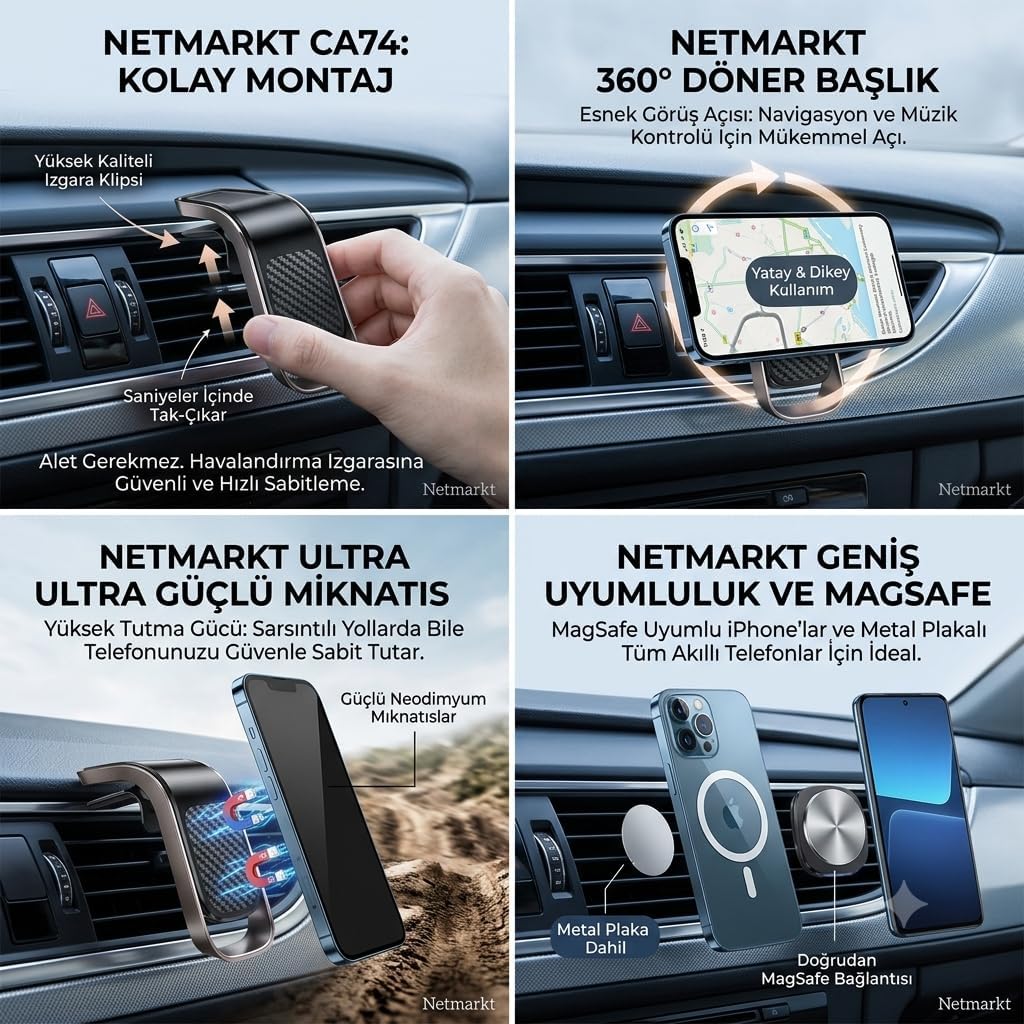 Izgara Klipsli Manyetik Araç Telefon Tutucu – 360° Dönebilen Güçlü Mıknatıslı Magsfe Uyumlu Havalandırma Tipi Araç İçi Telefon Sabitleyici (Siyah Karbon/Gümüş)