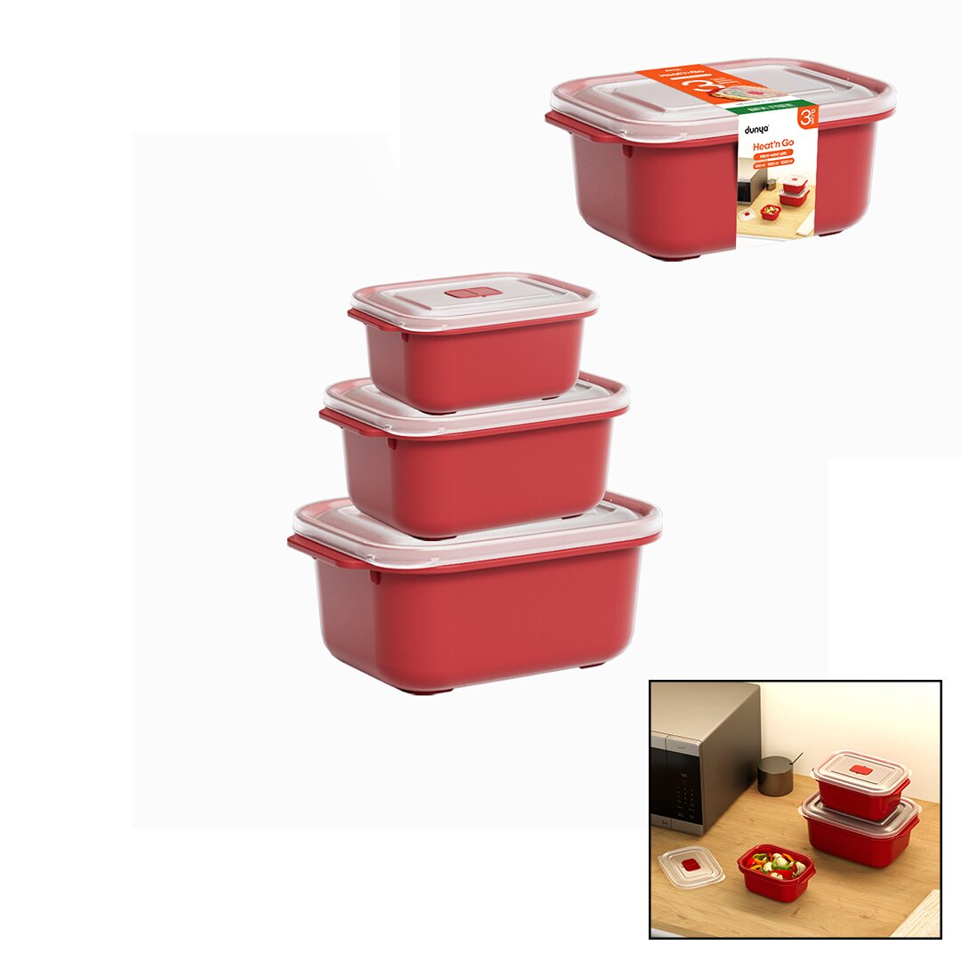 3 Pcs Kırmızı Dikdörtgen Saklama Kab Set 500-1000-2000ML