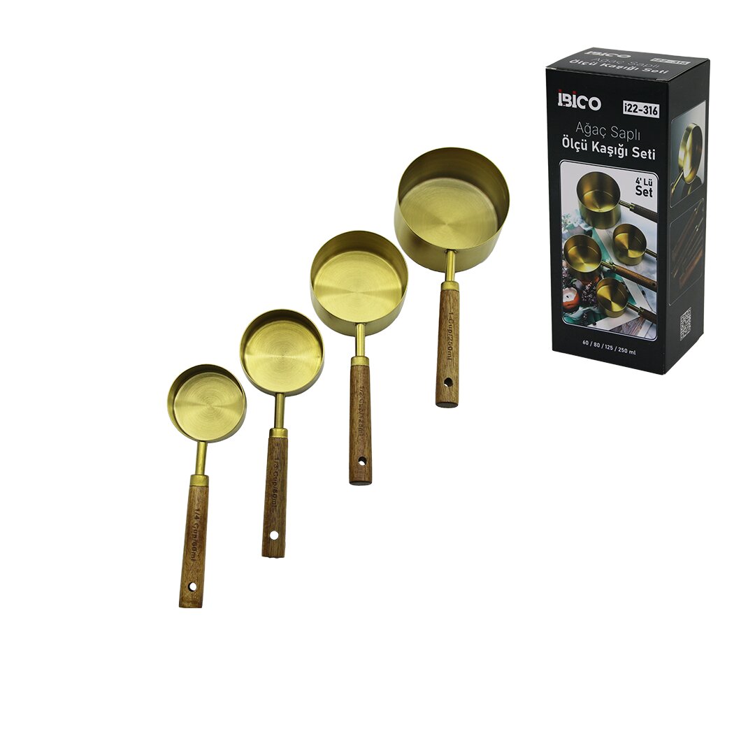 4 Pcs Gold Metal Ölçü Kaşık Seti Otantik Ağaç Kulp 250ML - 125ML - 80ML - 60ML