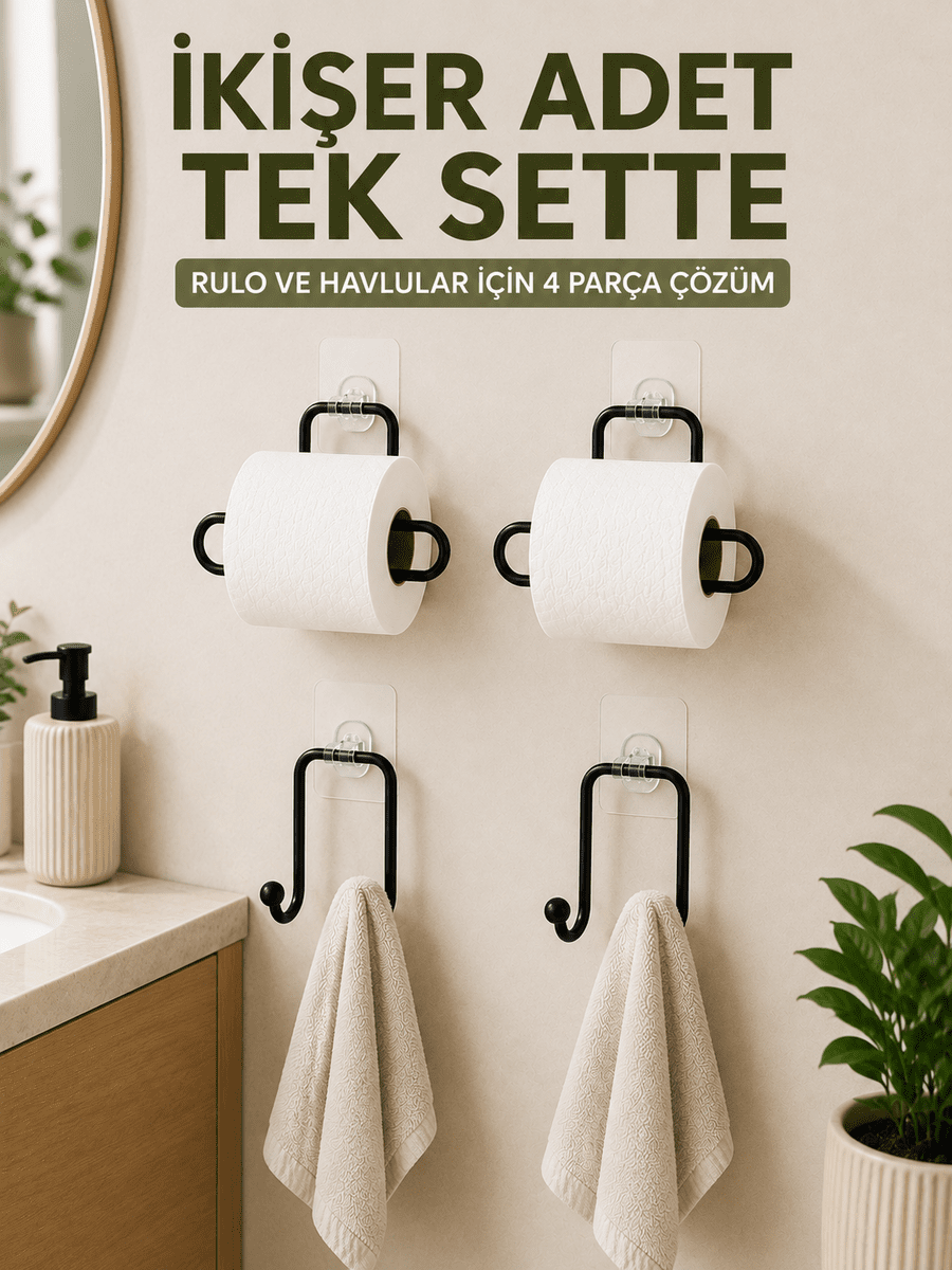 Rulo Kağıt Tutucu ve Havlu Bez Askılığı Seti 2’şer Adet Toplam 4 Parça