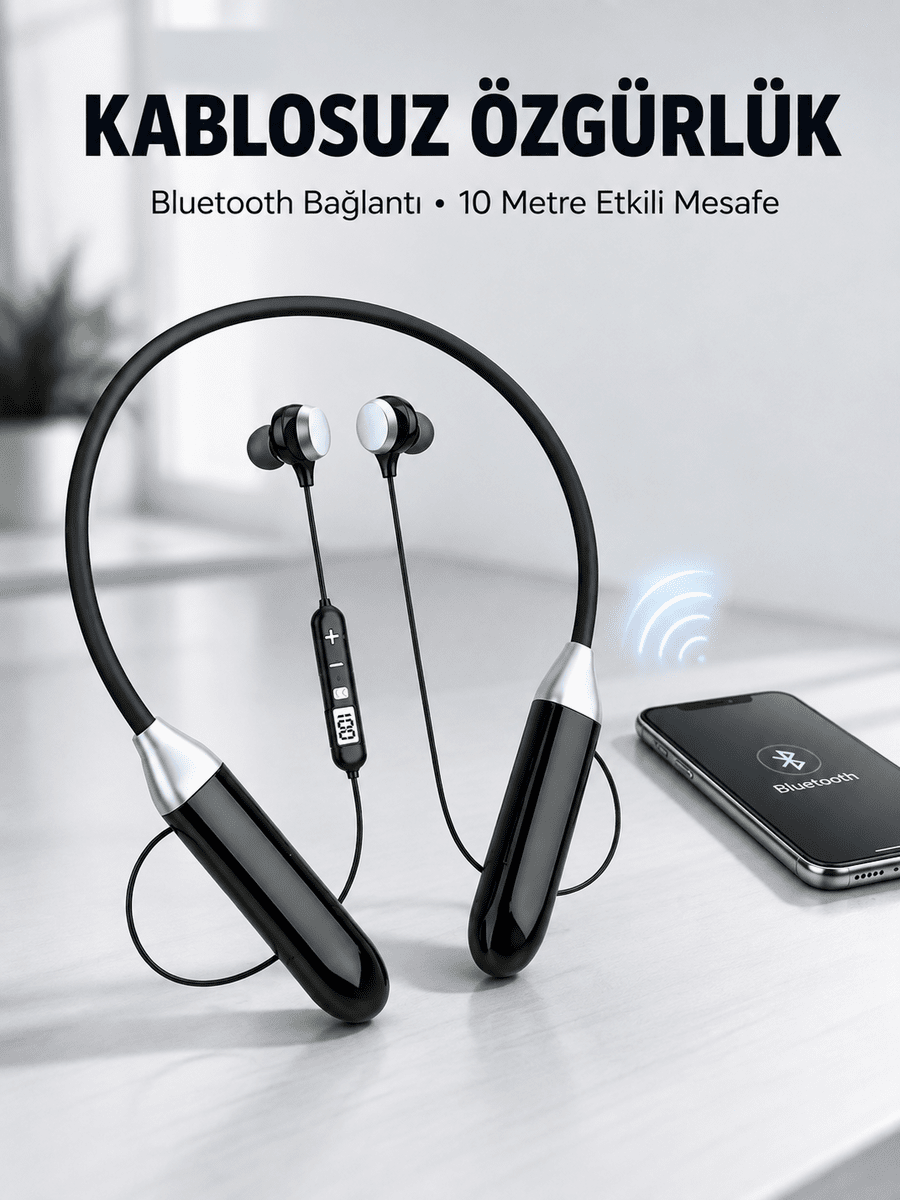 Mikrofonlu Boyun Bantlı Bluetooth Kulaklık Kablosuz Bağlantılı Ses ve Müzik Kontrollü Kulak İçi Kulaklık