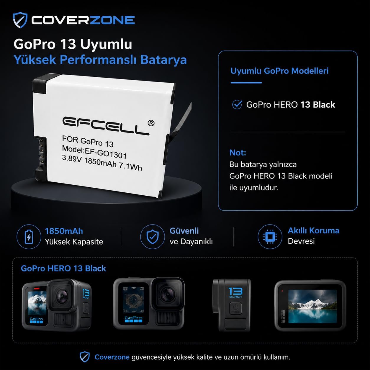 GoPro HERO13 Black ile Uyumlu 1850mAh Yüksek Kapasiteli Aksiyon Kamera Bataryası 3.89V 7.1Wh Yedek Pil Uzun Süreli Çekim Destekli EF-GO1301 Kamera Pili | (GO1301)