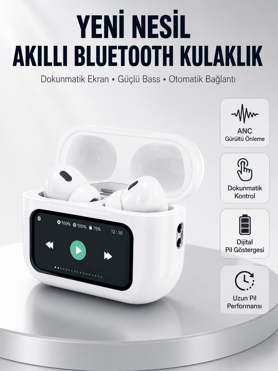 Dokunmatik Ekranlı Bluetooth Kulaklık ANC Gürültü Önleme Suya Dayanıklı Yeni Nesil