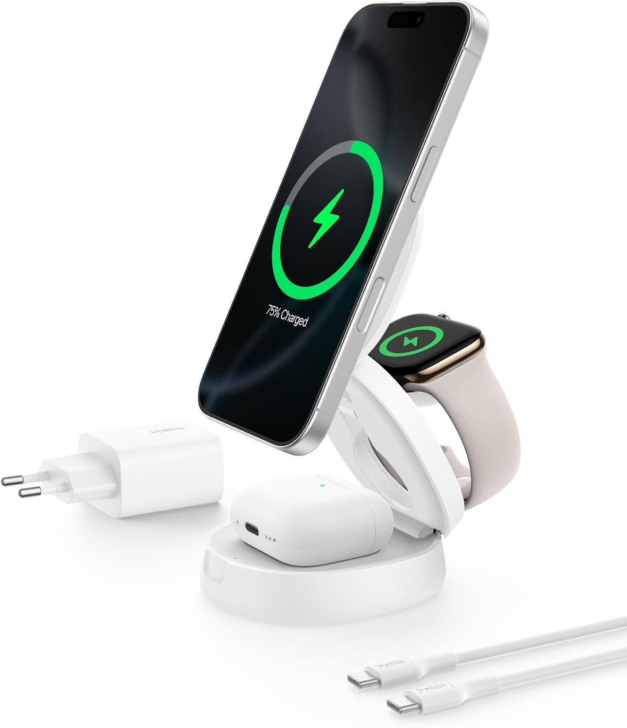 MagSafe Uyumlu Şarj Cihazı, 3'ü 1 Arada Dönüştürülebilir Kablosuz Şarj İstasyonu, iPhone 17, Apple Watch, AirPods için Qi2 sertifikalı 15 W Şarj, Kaymaz Tabanlı, 36 W Adaptör Dahil, Beyaz