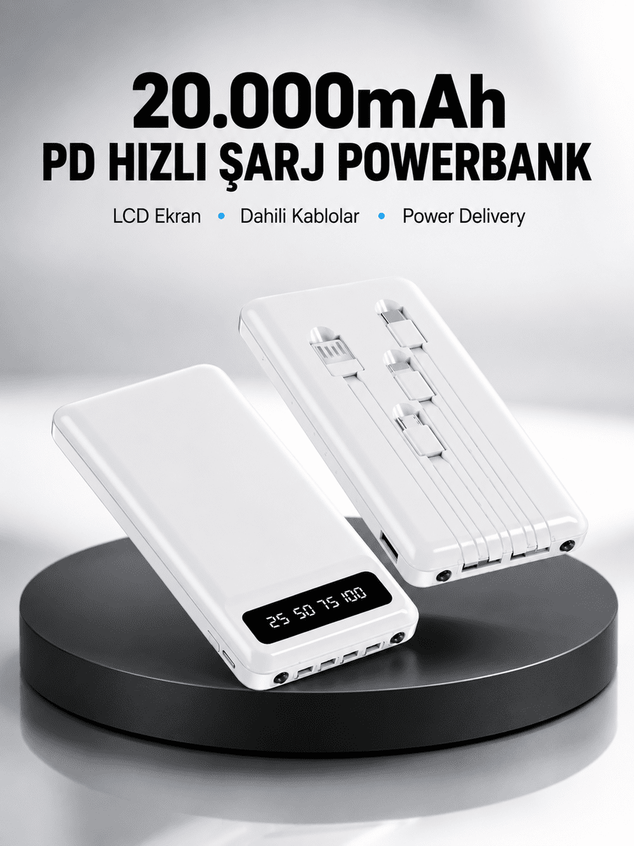 LED Işıklı 20.000mAh Powerbank LCD Gösterge Dahili Çoklu Kablo Yeni Nesil