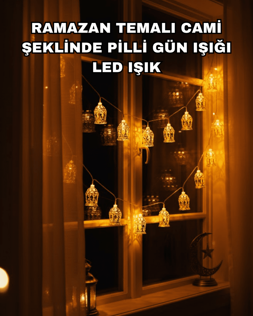 Ev Dekoru İçin Ramazan LED Işık Pilli Sıcak Sarı Cami Figürlü