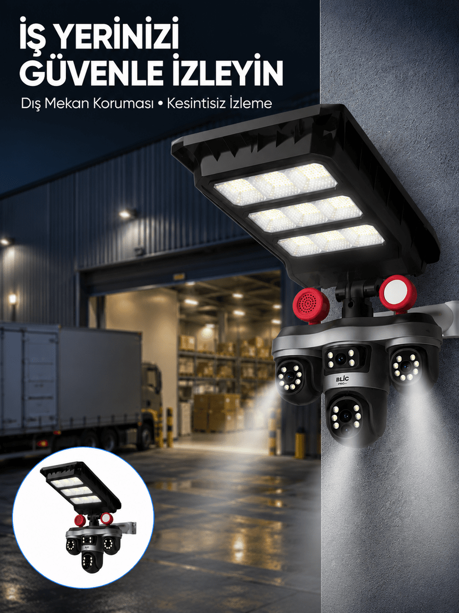 Solar Panelli 3 Lens Dış Mekan Güvenlik Kamerası Hareket Algılamalı LED Aydınlatmalı