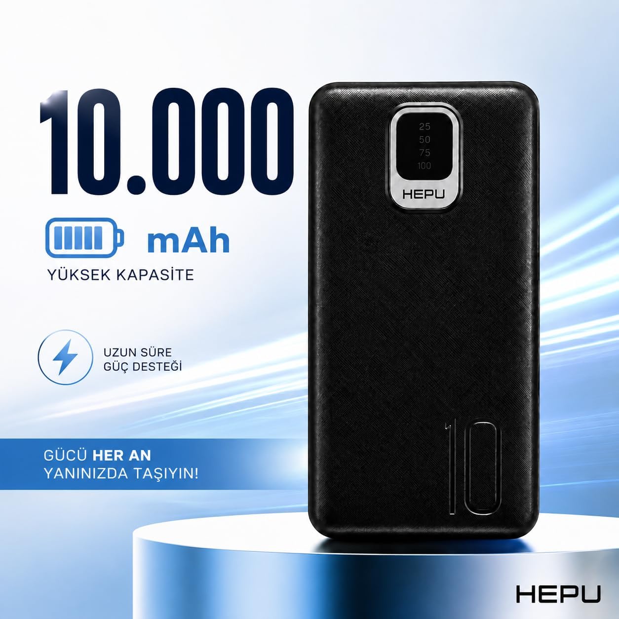 HP-TP01S Titan Series 10.000 mAh Dahili Entegre Kablolu Hızlı Şarj Powerbank – Quick Charge 3.0 Dijital LED Göstergeli Taşınabilir Şarj Cihazı (Siyah)