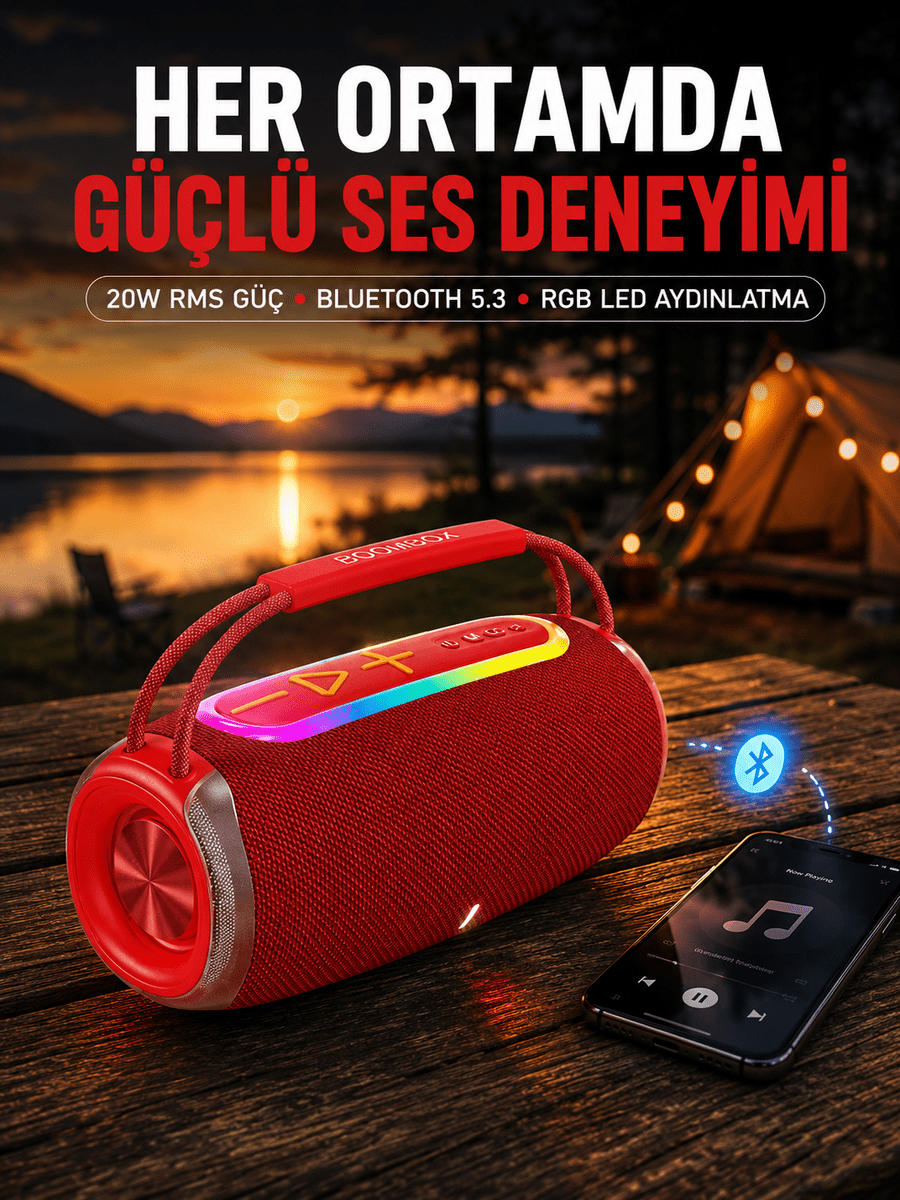 Suya Dayanıklı 20W RGB Hoparlör Bluetooth, USB, SD Kart ve AUX Girişli