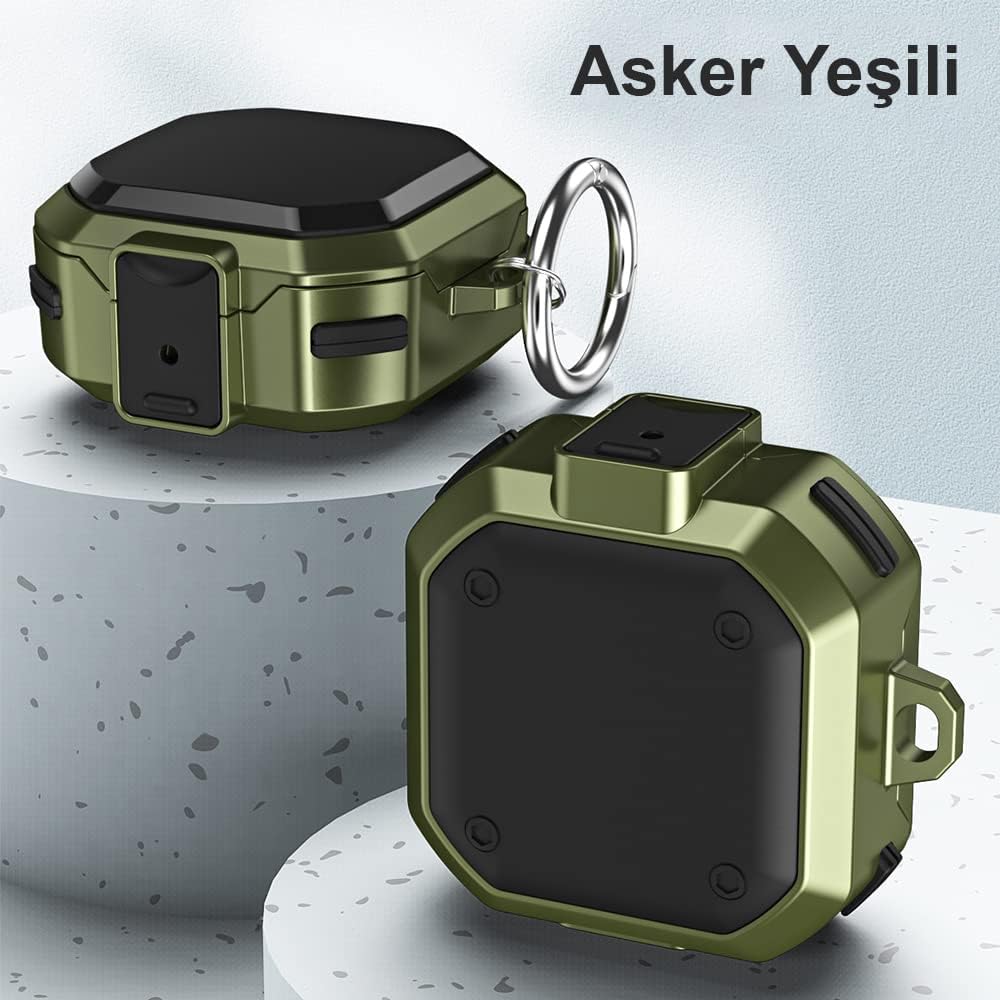 Samsung Galaxy Buds 2 Pro için Kılıf Darbeye Dayanıklı Sert Koruyucu + Askılık Asker Yeşili [Buds 2 Pro ile Uyumlu Kılıf - Asker Yeşili]