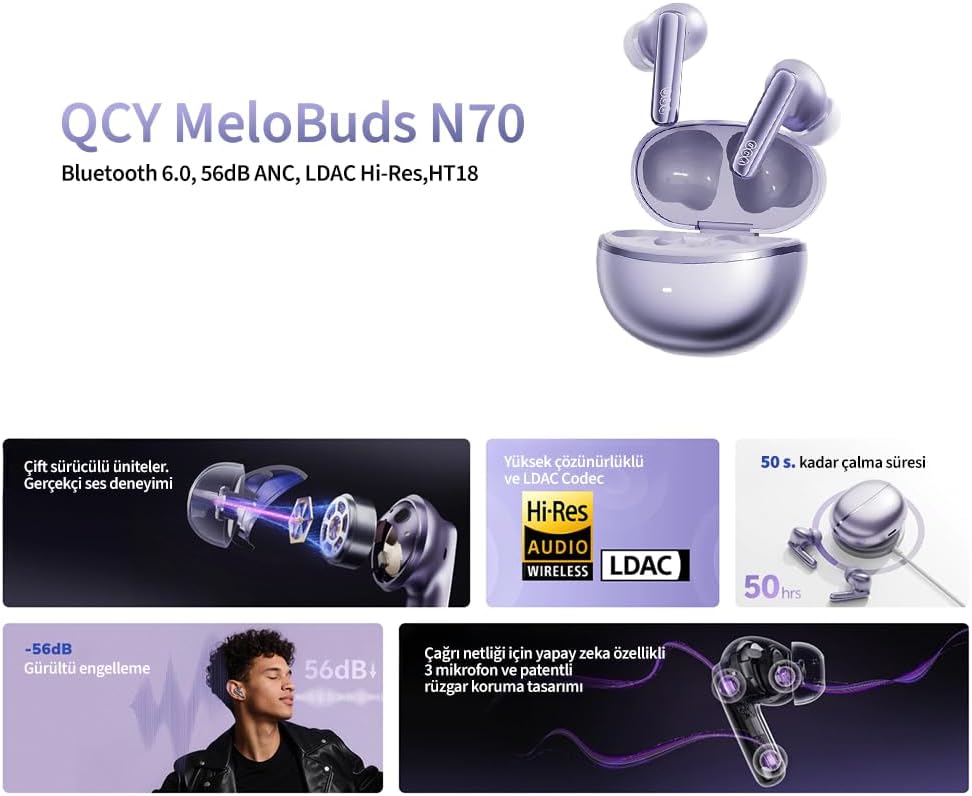 MeloBuds N70, Bluetooth 5.2, Kulak İçi Kulaklık, Siyah, Hi-Res Audio, LDAC, 50dB Hibrit ANC, 50 Saat Pil Ömrü, Kablosuz Şarj