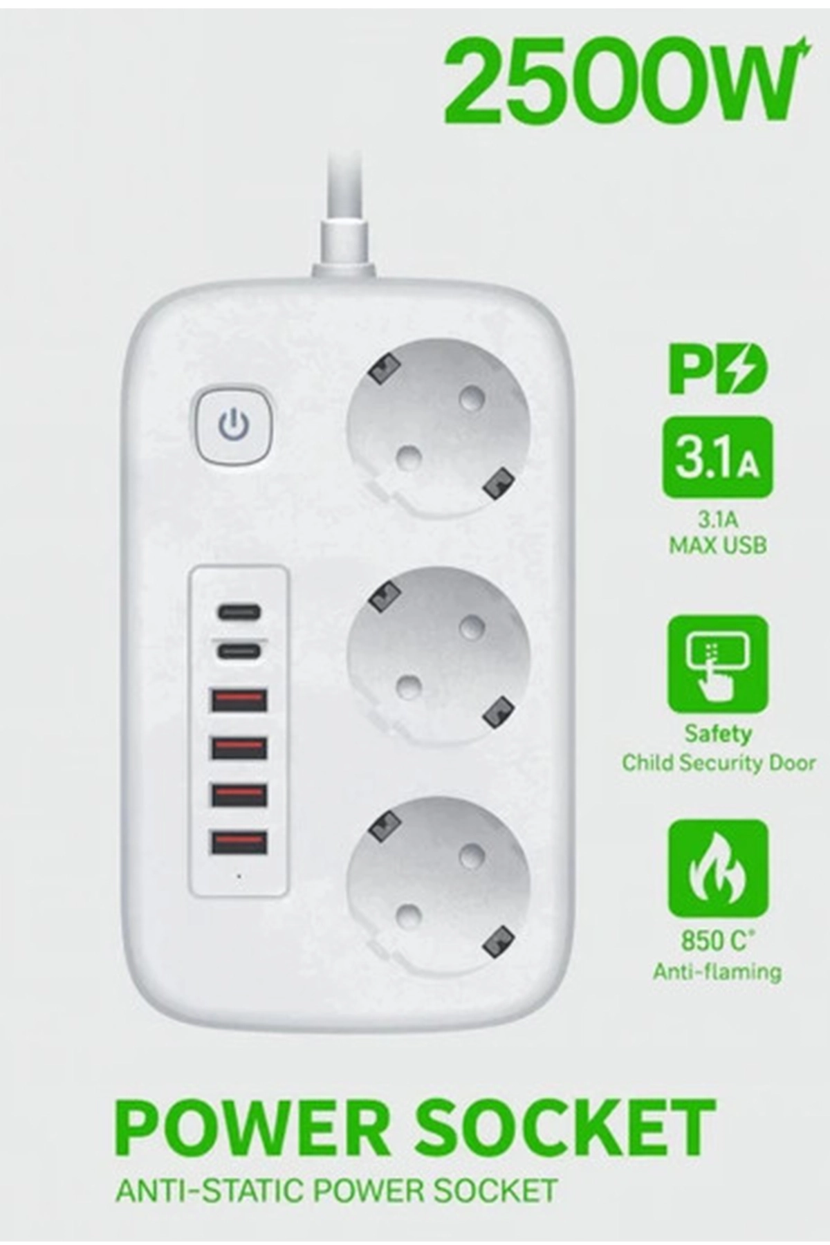 Akım Korumalı Priz ve Masaüstü Şarj İstasyonu Kablosuz 3 Priz ,4 USB, 2 Type-C Girişli 2 Metre