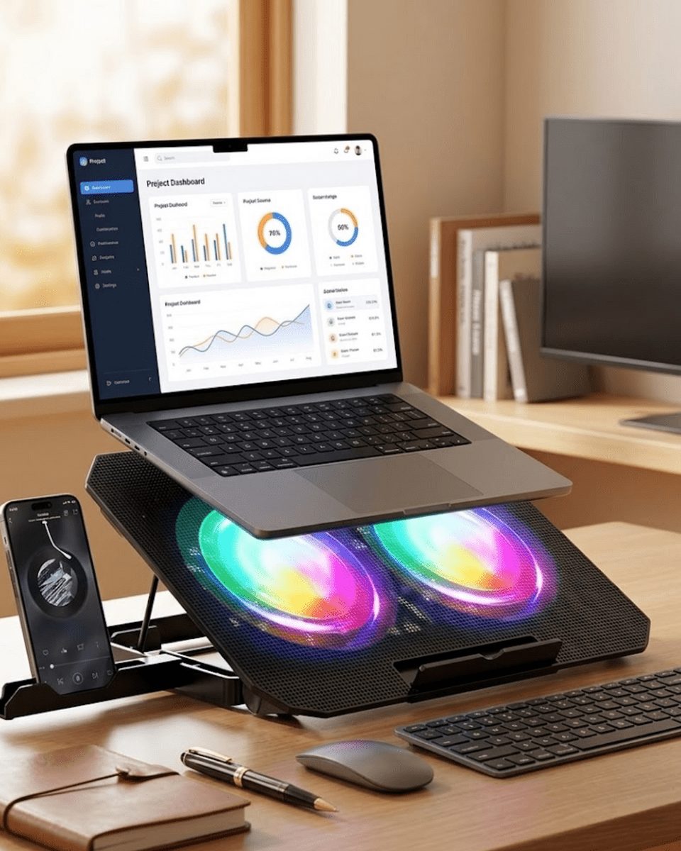 Çift Fanlı Laptop Soğutucu RGB Işıklı Sessiz Notebook Standı