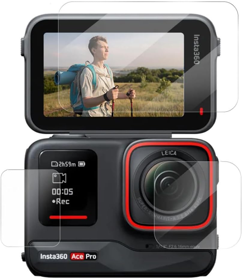 Temperli Cam Ekran Koruyucu Film Kiti Insta360 Ace/Ace Pro için – Ön Ekran, Arka Ekran ve Lens Koruyucu, 9H Sertlik, 2.5D Kavisli Yüzey