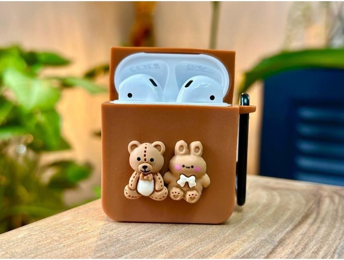 Airpods 1. Nesil Ve 2. Nesil ile Uyumlu Ayıcık Tasarımlı Kalın Silikon Kılıf - Brown