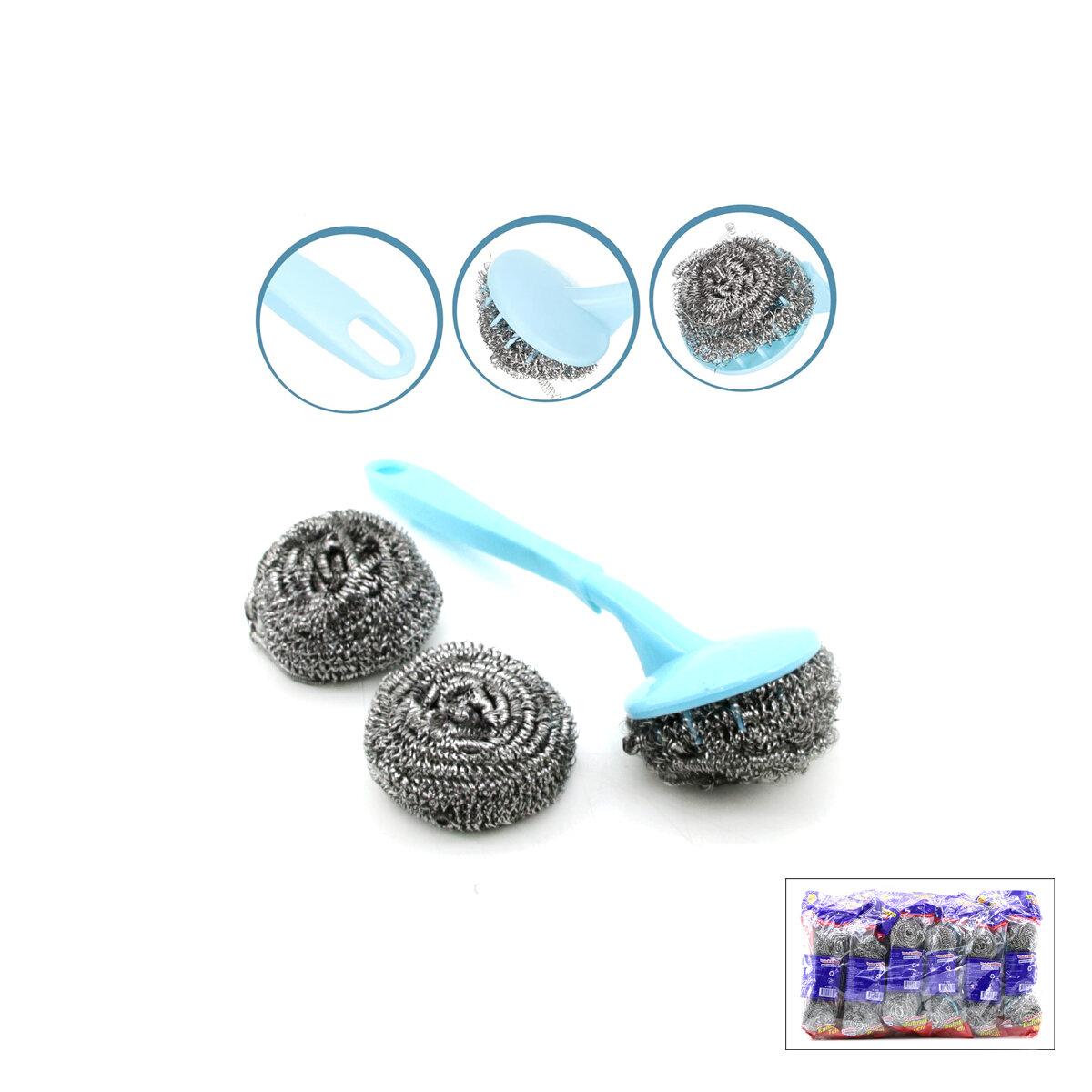 12 Adet 3+1 Bulaşık Top Teli Uzun Saplı