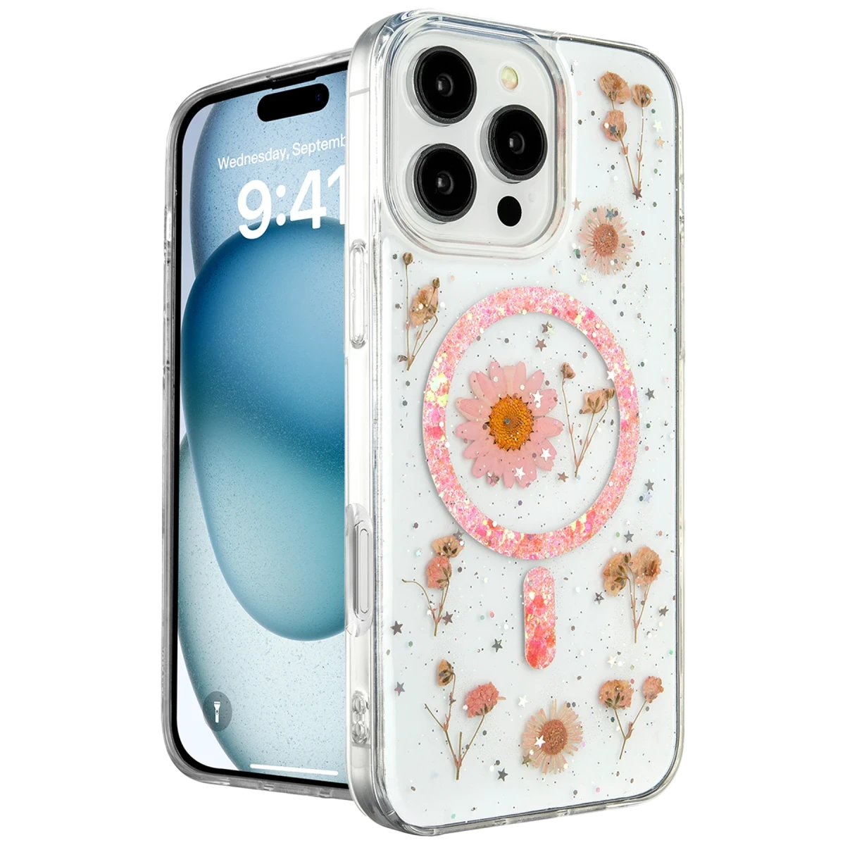 Apple iPhone 16 Pro Kılıf Daisy Simli Magsafe Kapak - Pembe