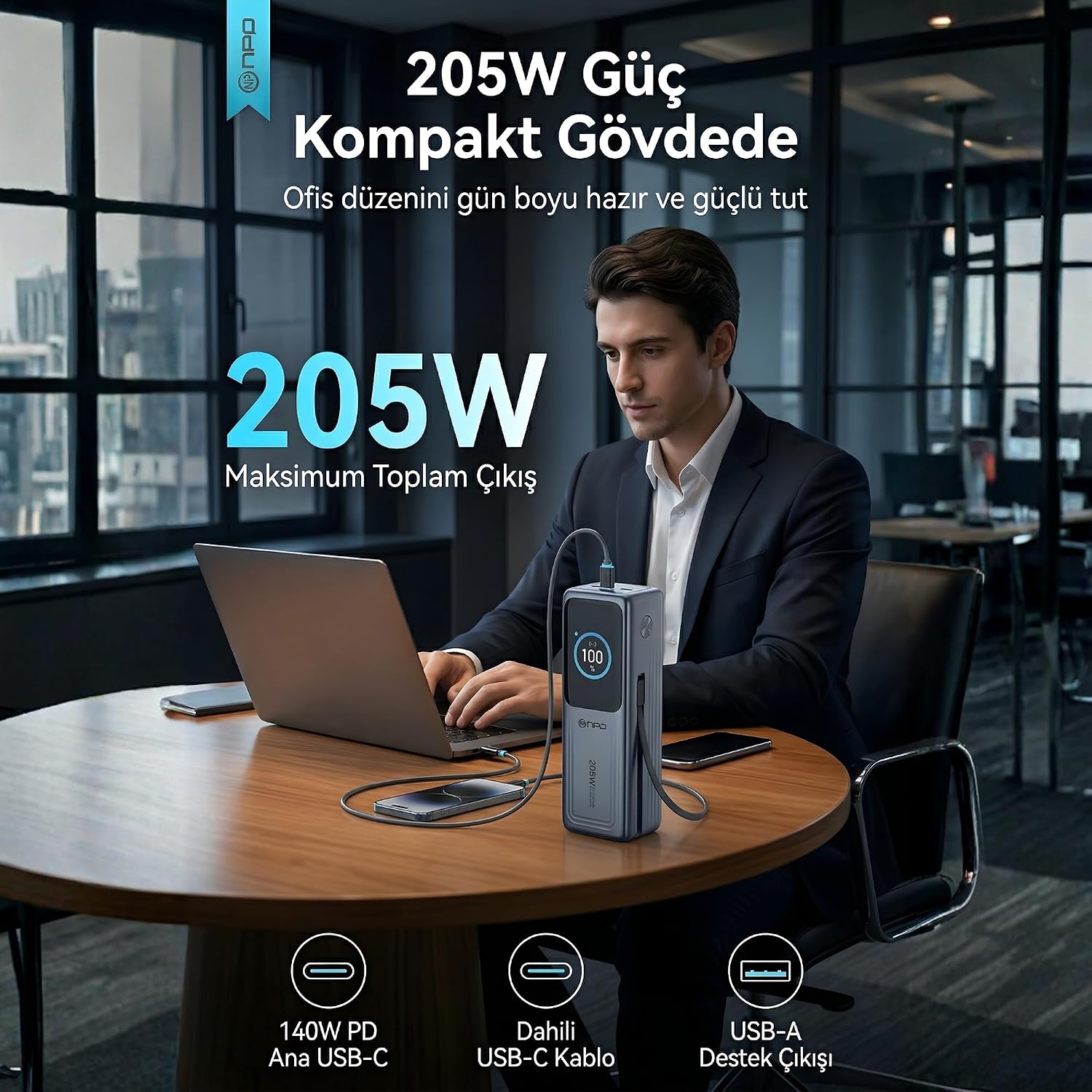 WP001A-G 205W 27.000 mAh 2 USB-C Portlu Dahili USB-C Kablolu LED Ekranlı PD GaN3 Powerbank