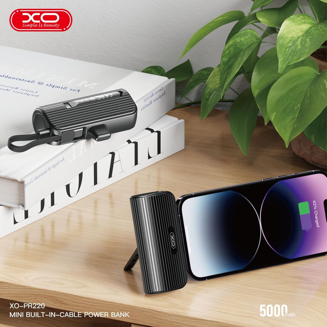 XO PR220 Mini Type-C Stand Powerbank, 5000mAh Kapasiteli, 20W Type-C PD Hızlı Şarj, Destek Ayaklı, Siyah
