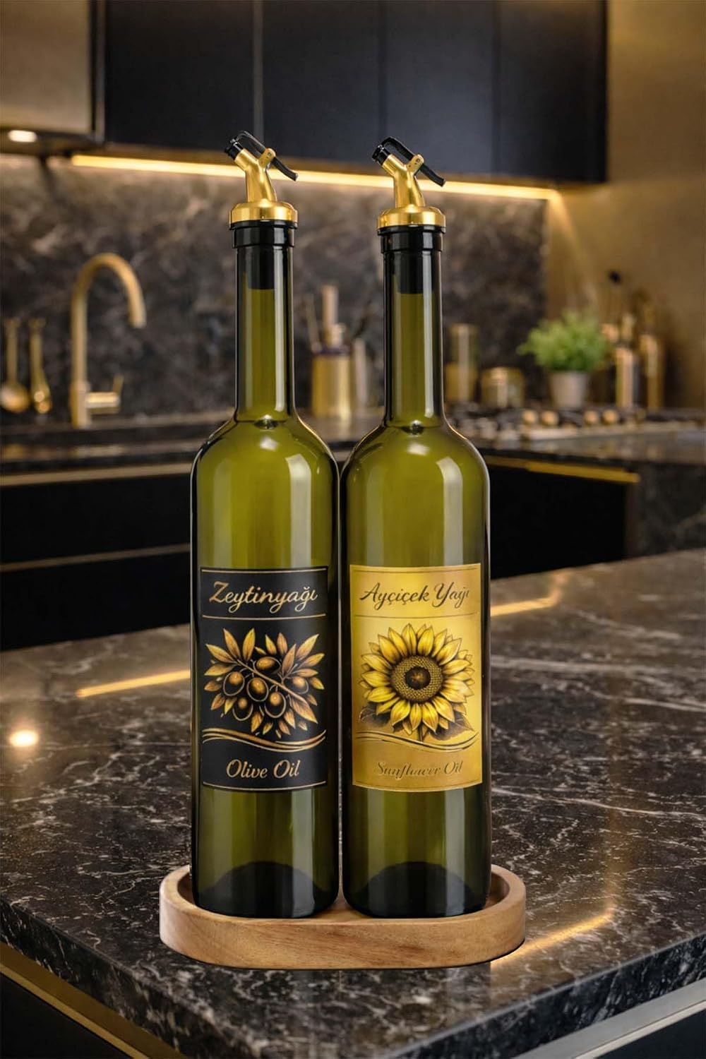 Zeytinyağı ve Ayçiçek Yağı Şişesi Seti, Altın Etiket ve Yağdanlık Aparatlı, Ahşap Standlı 750 ml, 2 Adet, Yeşil Cam Şişe (Standlı, Altın)