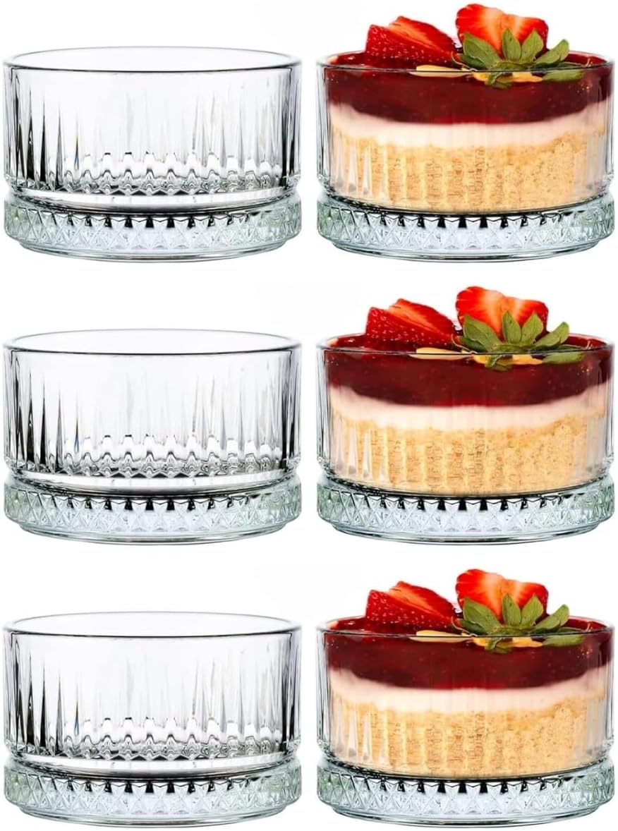 6'lı Kristal Desenli Cam Kase Seti - Şeffaf, Tatlı ve Meze Sunumu İçin, Bulaşık Makinesinde Yıkanabilir, Modern Tasarım