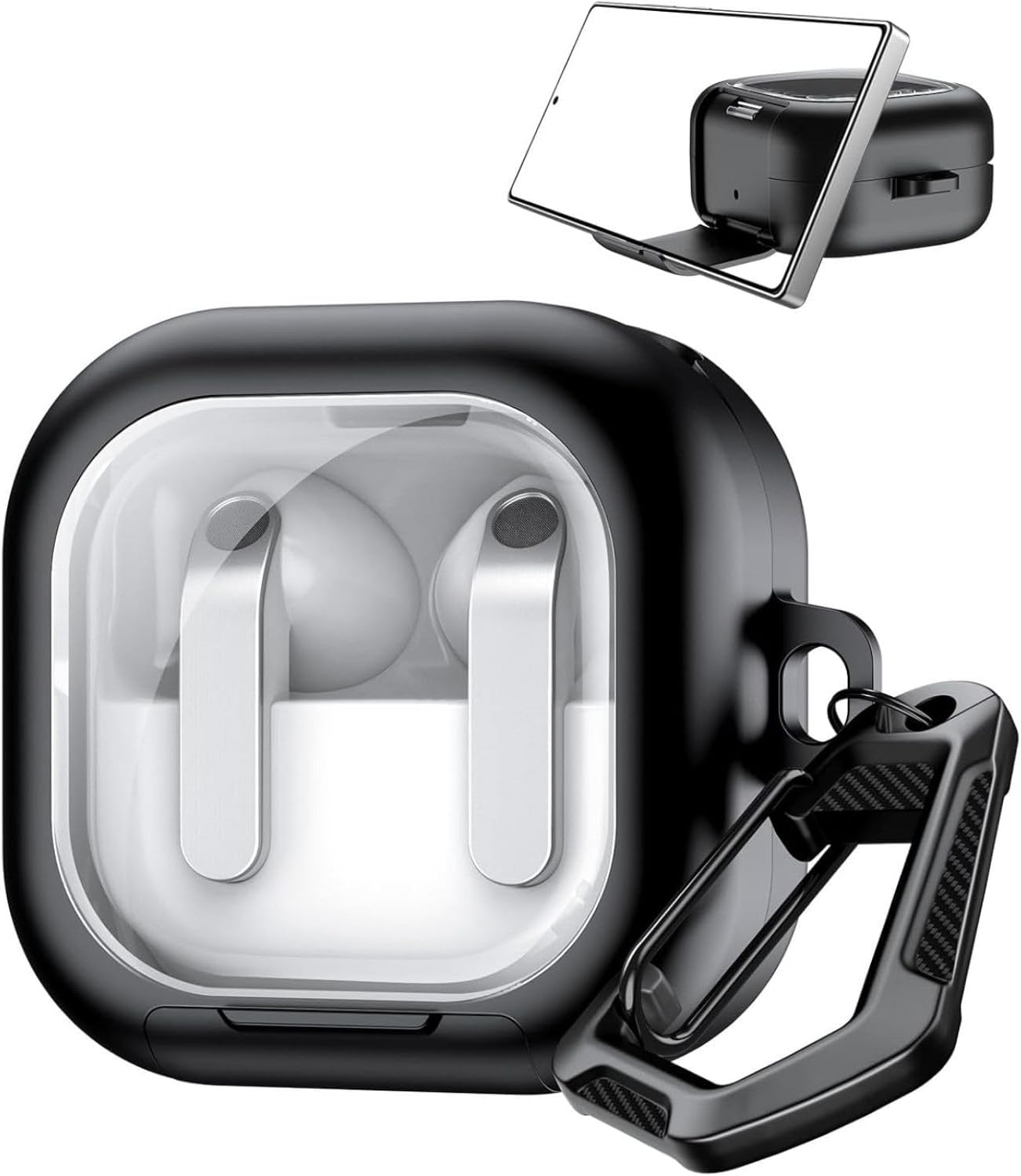 [Black-Frame] Samsung Galaxy Buds4 Pro/Buds 4 için Kılıf [Fonksiyonel Stantlı Tasarım] Kulaklık Kılıfı [Güvenlik Kilit Tasarımlı] Taşıma Askılı TPU Koruyucu Samsung Buds 4 Pro Kılıf (Siyah)